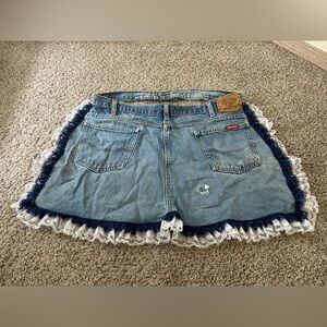 Dickies Denim Skirt Lace Trim Blue White Belt Apron Handmade One of a Kind Cook